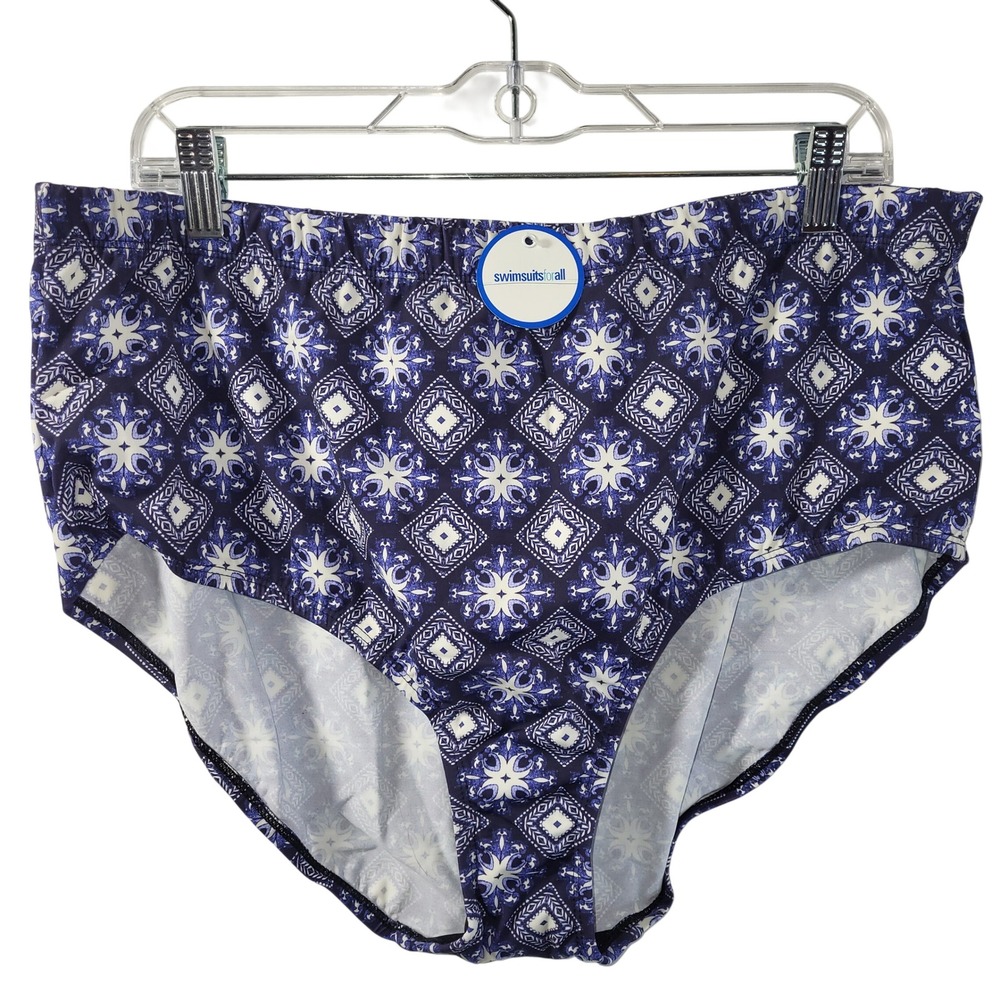 Swimsuits For All Blue White Medallion Tile High Waisted Bikini Bottom 22‎ NWOT